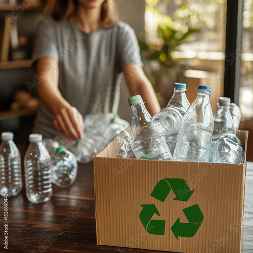 Wallpaper Mural A person in a casual T-shirt sorting plastic bottles into a cardboard box with a green recycling symbol printed on it. High quality photo Torontodigital.ca