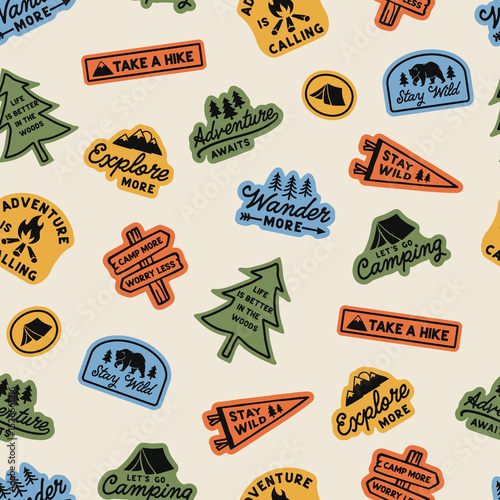 Seamless vector pattern with retro camping-themed badge illustrations and adventure quotes. Includes tents, trees, signs, and typography in bold colors. Great for outdoor and nature designs