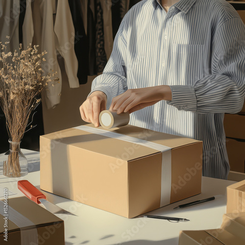 Wallpaper Mural A high-quality, ultra-detailed image of a person wearing a light blue or grey striped shirt, taping a cardboard shipping box on a white desk. High quality photo Torontodigital.ca