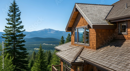 Luxury Mountain Home Exterior Offering Breathtaking Forest Vista on Sunny Day