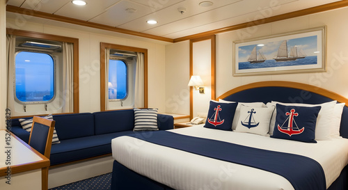 Comfortable Cabin Interior On a Cruise Ship With a Nautical Theme