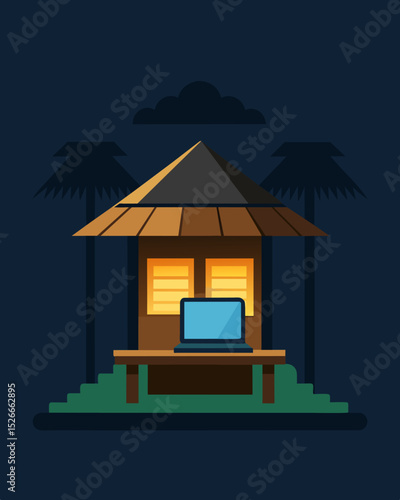 The glow of a laptop screen was the only source of light in the dimly lit hut tucked away from the distractions of city life.. Vector illustration