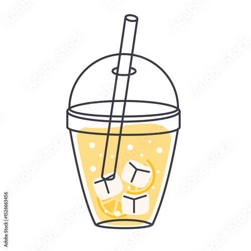 Lemonade in plastic cup with straw, ice cubes, refreshing drink, vector icon hand drawn style