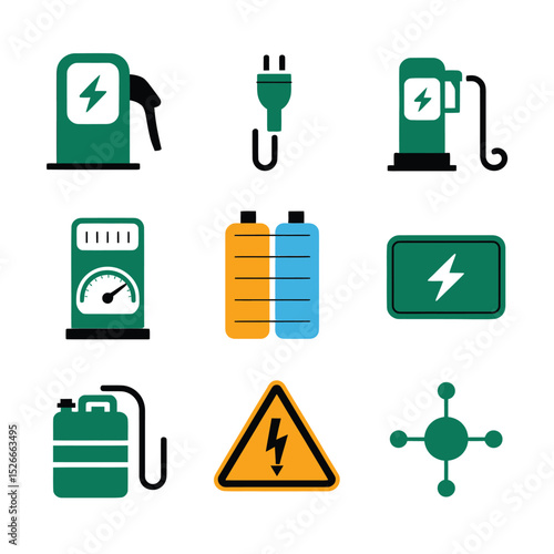 vector icons to vehicle fueling and charging a gasoline pump, an electric vehicle plug hydrogen mole
