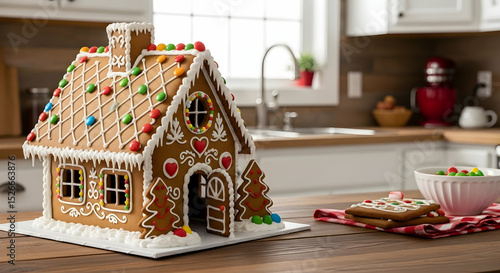 Festive Gingerbread House Delightfully Decorated In A Kitchen Setting