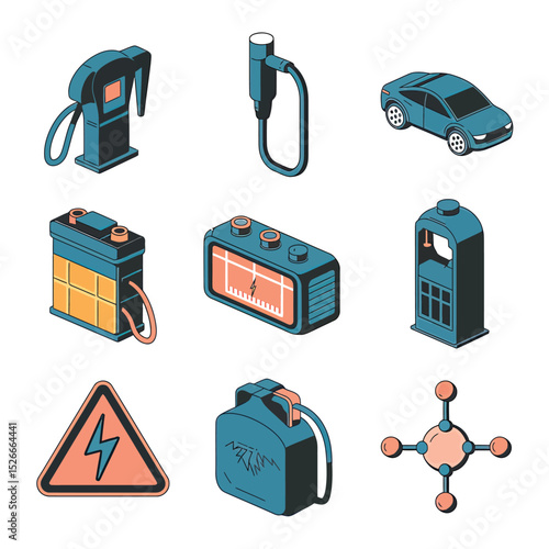 vector icons to vehicle fueling and charging a gasoline pump, an electric vehicle plug hydrogen mole