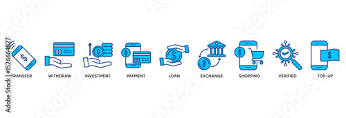 Mobile banking icon set vector illustration concept relate to transfer, withdraw, investment, payment, loan, exchange, shopping, verified and top-up�