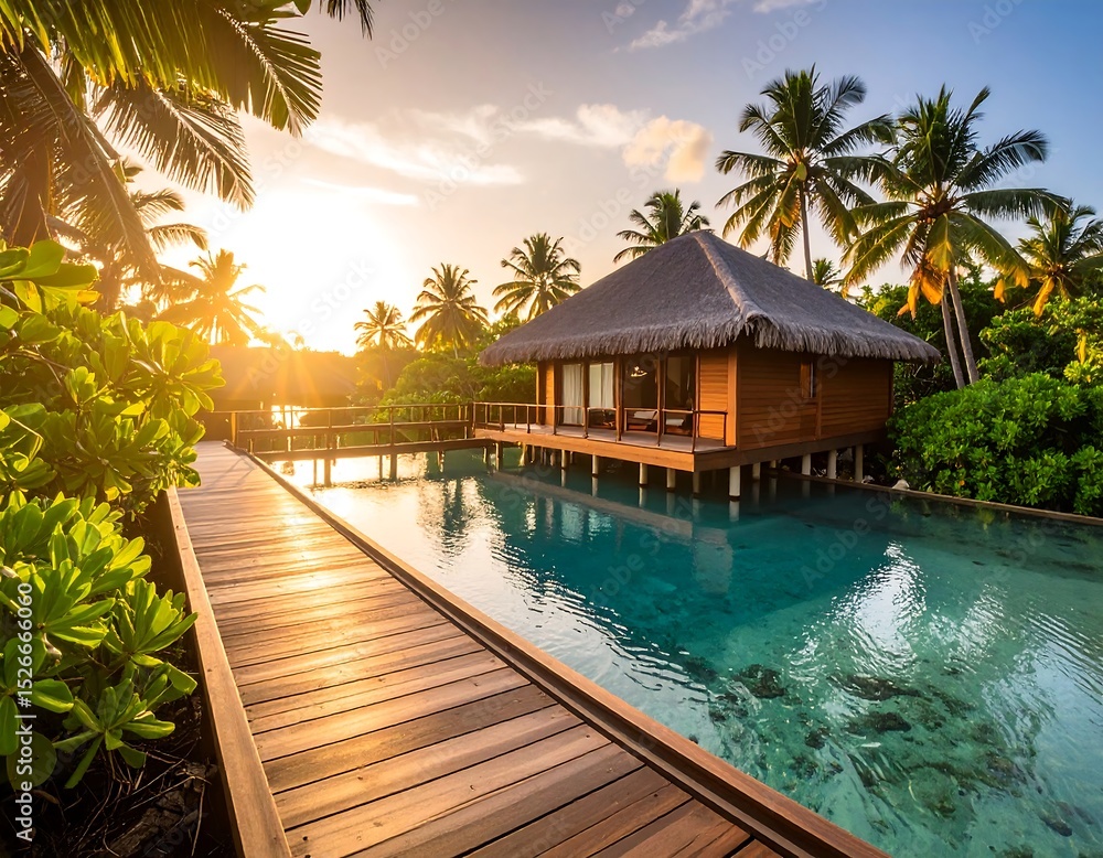 Fototapeta premium Tropical sunset over a secluded pool house