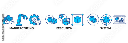 MES icon set vector illustration concept relate to  manufacturing execution system with icon of factory, service, automation, operation, production, distribution, management, structure, and analysis