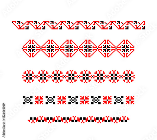 Set of traditional Ukrainian embroidery ethnic seamless borders with red black ornament vyshyvanka for decorating clothes, bags, accessories. Part 4