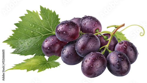 Freshly Washed Black Grapes with Green Leaf and Water Droplets, Studio Isolated, Generated by AI
