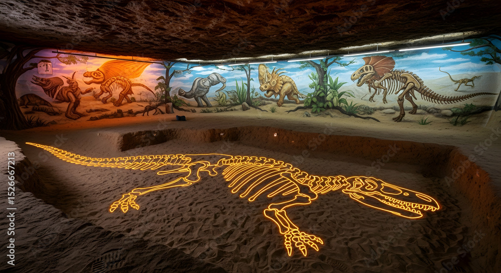 Illuminated Dinosaur Skeleton Fossil Exhibit with Ancient Mural Painting Illuminated Dinosaur Skeleton Fossil Exhibit with Ancient Mural Painting