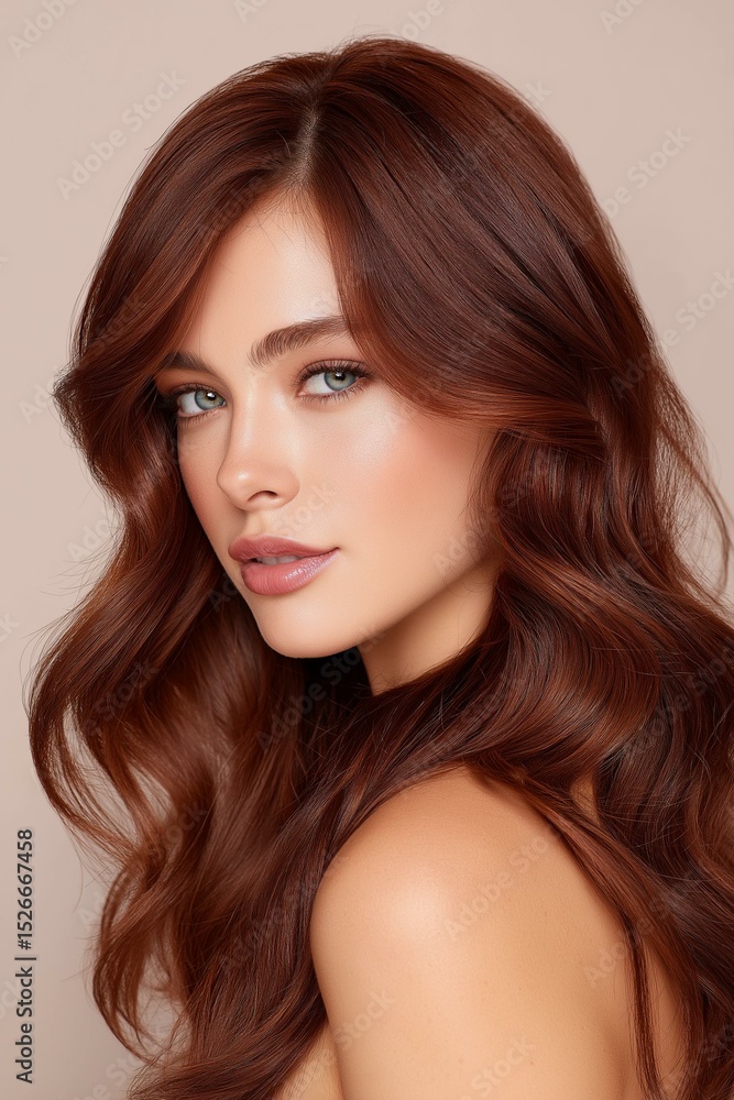 Fototapeta premium Portrait of a beautiful woman with flowing red hair and striking blue eyes.