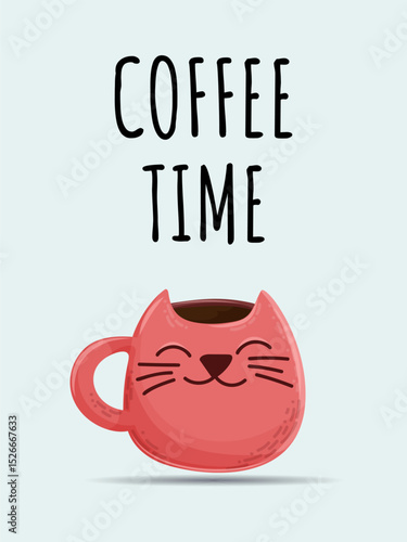Cute cup in the form of a cat on a light background, coffee time. Suitable for postcards, posters, banners, web graphics, gift cards. Vector in the style of minimalism