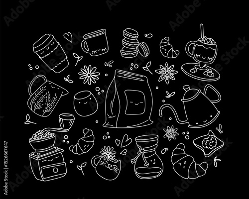Set of vector elements on the topic of coffee. White elements on a dark background. Coffee beans, coffee grinder, cups, coffee time.