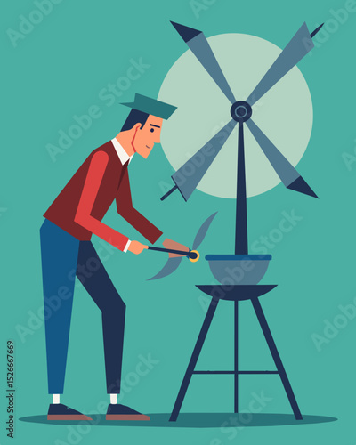 The gentle clang of metal against metal rings out as the freelancer sharpens their pencils on the old grindstone of the windmill a modern twist on a traditional task.. Vector illustration
