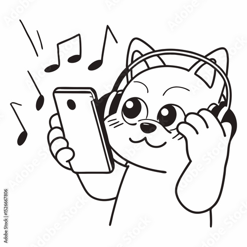 Vector cute shiba inu cartoon character playing smartphone and listening to misic
