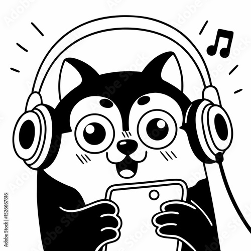 Vector cute shiba inu cartoon character playing smartphone and listening to misic

