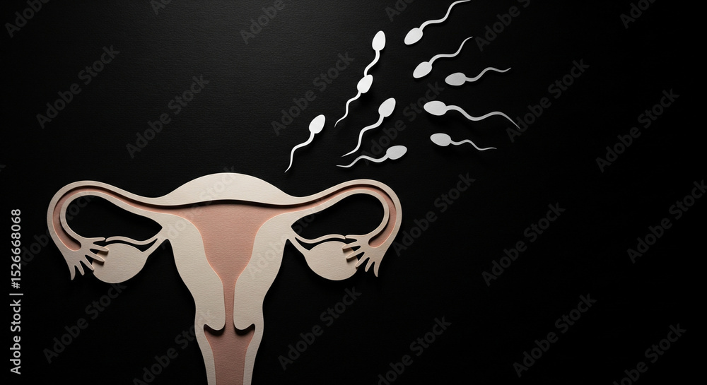 Fototapeta premium Minimalistic paper cutout of female uterus and sperm. Conception, reproductive medicine, pregnancy planning and fertilization.