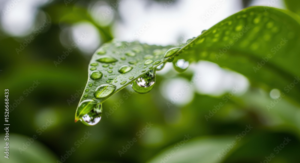 Fototapeta premium Close Up of Green Leaf with Water Droplets on Surface in Nature