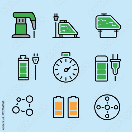 vector icons to vehicle fueling and charging a gasoline pump, an electric vehicle plug hydrogen mole