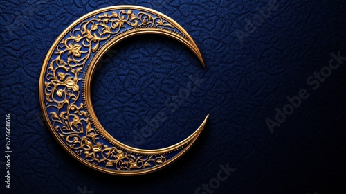 Gold crescent moon with intricate blue-gold filigree on dark blue textured background