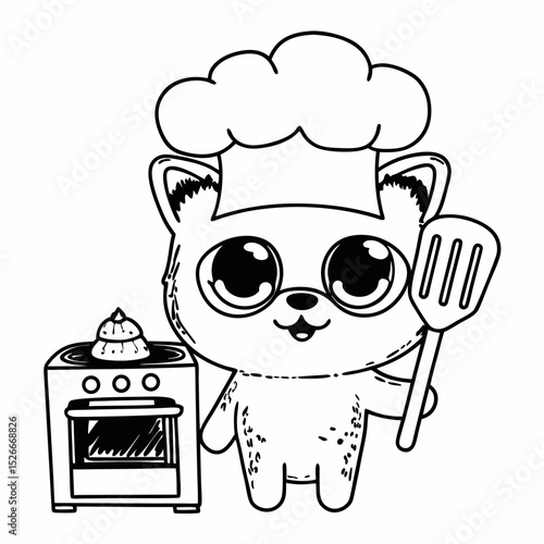 Vector cute shiba inu cartoon character wearing chef hat and cooking cake
