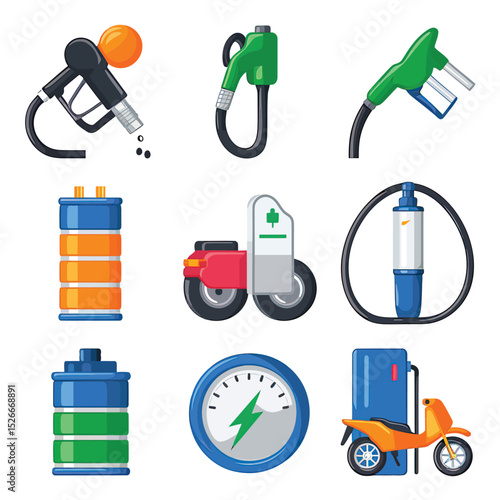 vector icons to vehicle fueling and charging a gasoline pump, an electric vehicle plug hydrogen mole