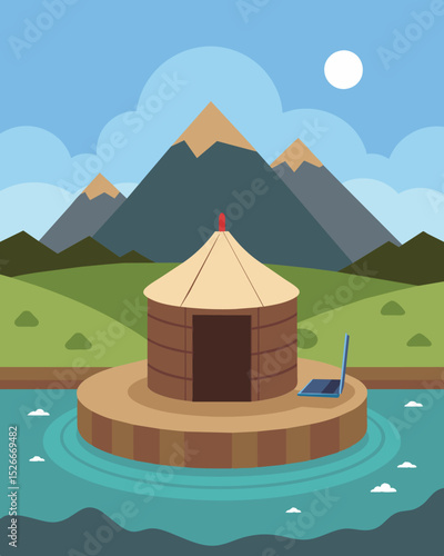 The rustic yurt perched on the edge of a serene riverbank served as an unexpected location for the modern laptop in use.. Vector illustration