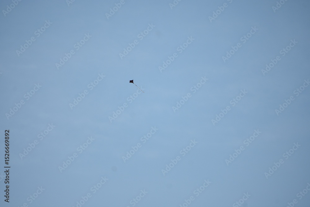 A tiny kite, a black speck, floats high in the clear blue sky. A tiny kite, a black speck, floats high in the clear blue sky.