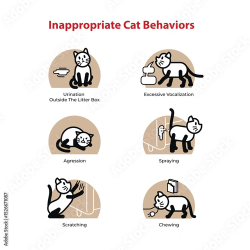Naughty Cats: Funny Vector Guide to Common Feline Misbehavior. Editable infographics veterinary images. 