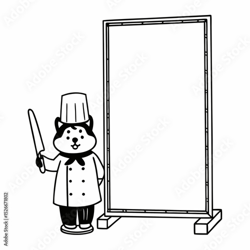 Vector cute shiba inu chef standing beside an empty signboard
