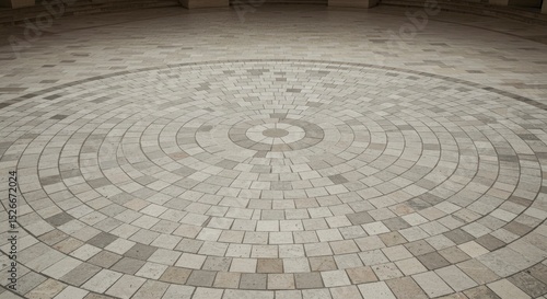 Paved round patio with concentric circles of tile