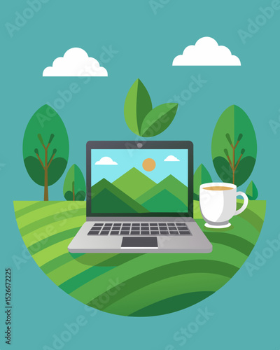The tranquility of the tea plantation is only interrupted by the click of keys as someone types away on their laptop.. Vector illustration