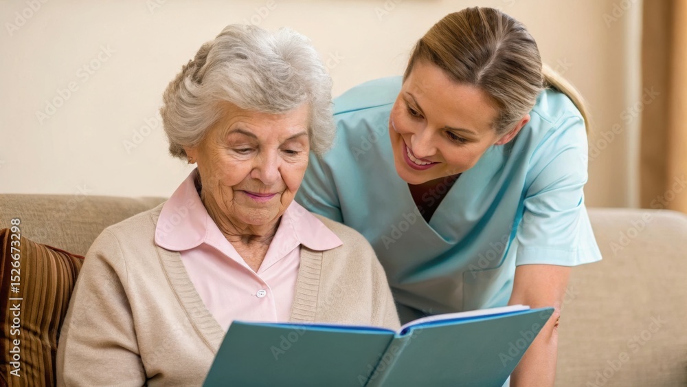 A caregiver smiles as she assists an elderly woman reading a book, portraying warmth and connection in a cozy setting. A caregiver smiles as she assists an elderly woman reading a book, portraying warmth and connection in a cozy setting.