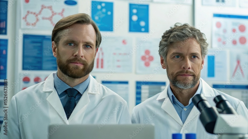 Fototapeta premium Two scientists in lab coats stand in front of a wall filled with research diagrams and data, symbolizing innovation and collaboration in a laboratory setting.