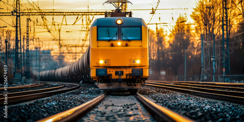 Front view of a yellow freight train on railway tracks during sunset, surrounded by power lines and trees - concept of freight rail transport and global logistics network
