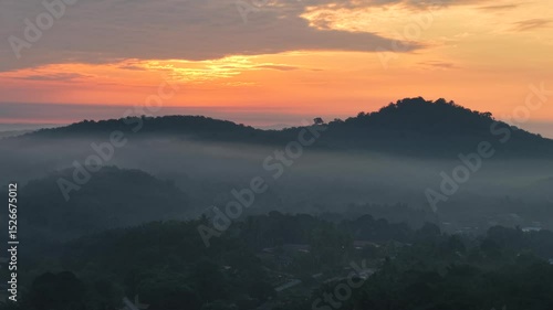 Dramatic morning sunrise over an Asian oil palm plantation. Golden light pierces through low mist, casting long shadows across neat rows of palm trees and creating a warm, cinematic landscape.
