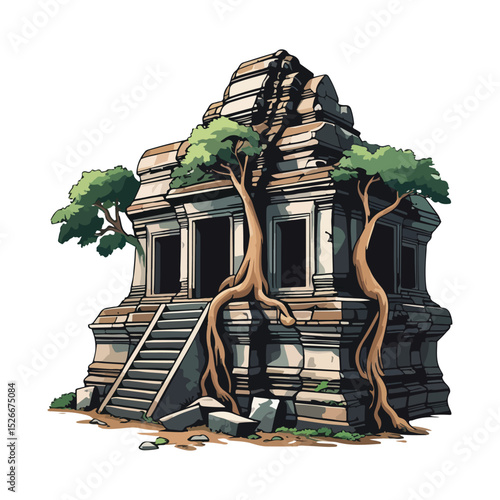 Ancient Wall Temples Overtaken by Roots Vector

