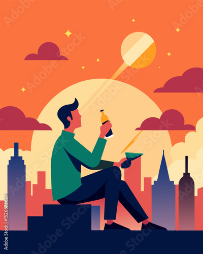 As the sun set over the city the freelancer took a break from their work to pop open a bottle of champagne and toast to the success of their latest project.. Vector illustration