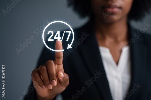 Wallpaper Mural Woman business attire touches virtual 24/7 service icon Torontodigital.ca