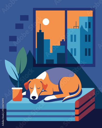 The freelancers trusty fourlegged companion was always by her side sleeping contently in the corner of the urban loft.. Vector illustration