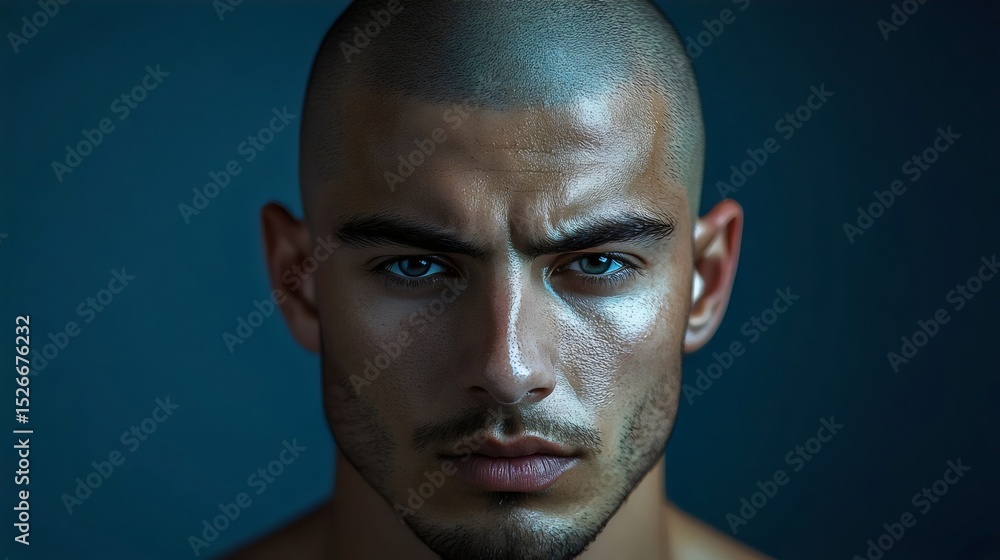 Intense portrait of a man with a shaved head, gazing directly at the viewer. Intense portrait of a man with a shaved head, gazing directly at the viewer.