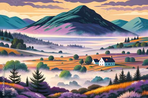 Vector illustration of a misty highland moor with thick morning fog ideal for moody landscapes, foggy nature scenes, and quiet wilderness themes