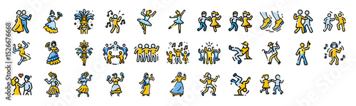 Dancing people party celebration various styles vector line icon collection