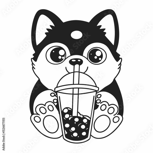 Vector cute shiba inu drinking boba
