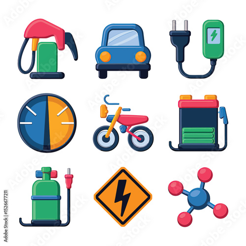 vector icons to vehicle fueling and charging a gasoline pump, an electric vehicle plug hydrogen mole