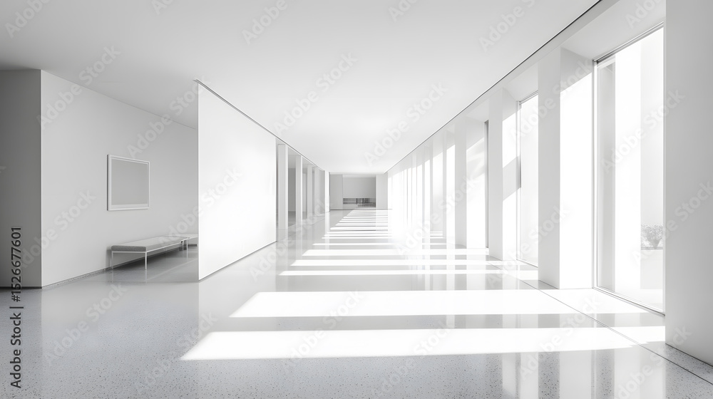 Obraz premium Bright, minimalist white hallway with large windows and clean lines creates serene atmosphere