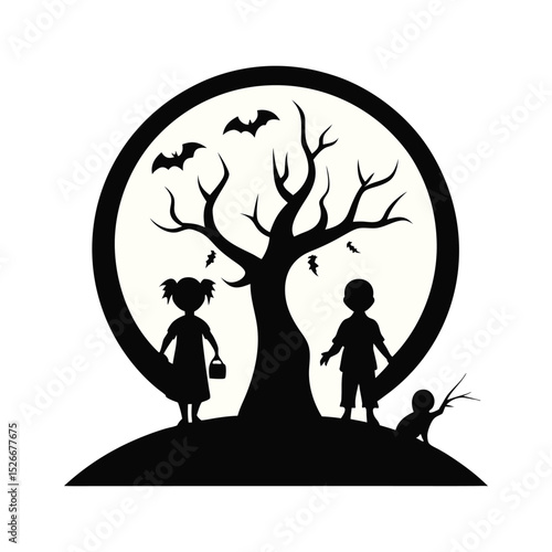 Halloween trick or treaters under spooky tree scene Vector illustration