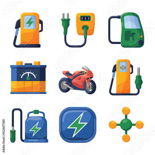 vector icons to vehicle fueling and charging a gasoline pump, an electric vehicle plug hydrogen mole